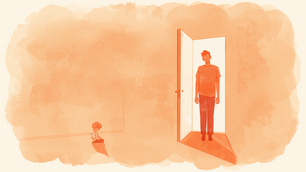 部屋にこもり口をきかない子どもと廊下で見守る親のイラスト