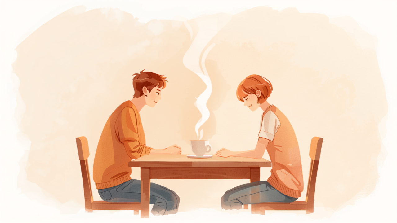 温かい飲み物を挟んで穏やかに過ごす親と思春期の子どものイラスト