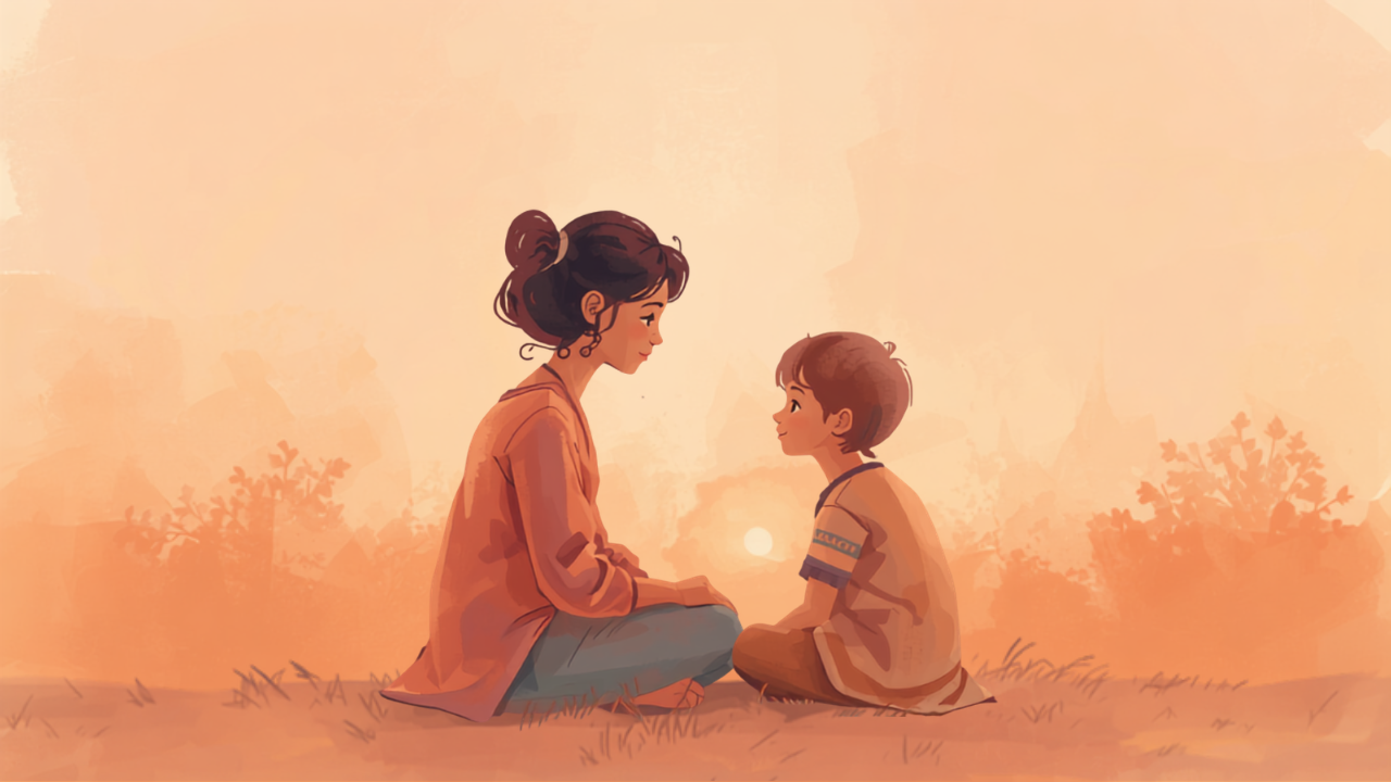 母親が一人の子どもと1対1で穏やかに向き合って話すイラスト