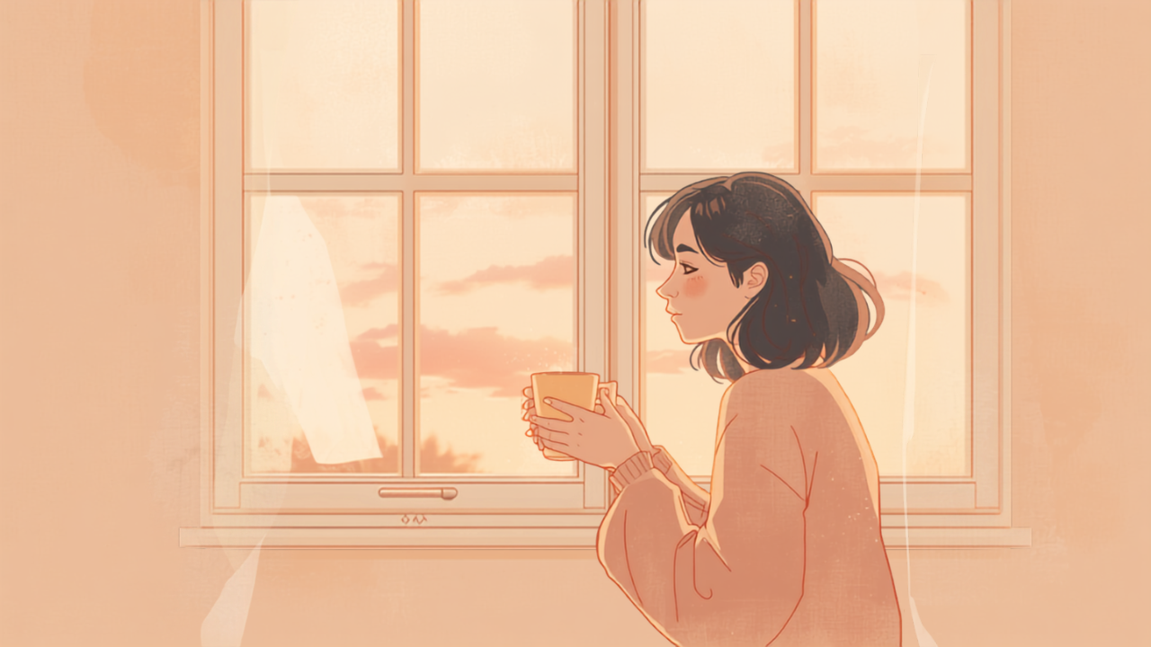 窓辺で温かい飲み物を持ち一息つく母親のイラスト