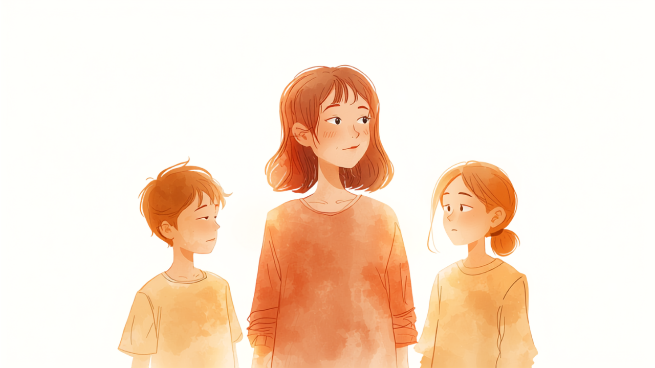 反抗期の様子が違うきょうだい2人と間に立つ母親のイラスト