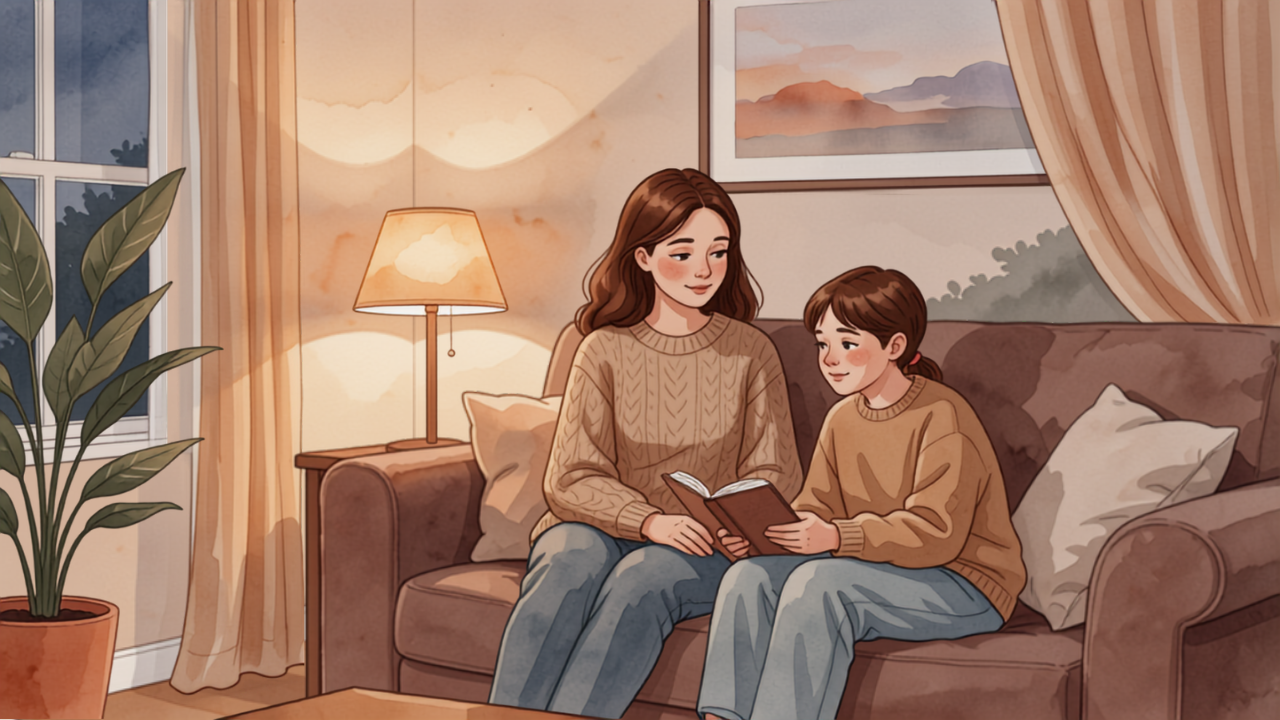 反抗期の子どもと母親が夕暮れのリビングで寄り添うイラスト