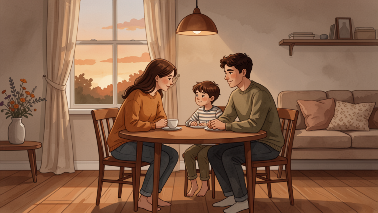 食卓で親子がおだやかに会話を取り戻すイラスト