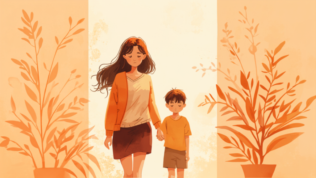 夕暮れの中、手をつないで歩く母親と子どものやさしいイラスト