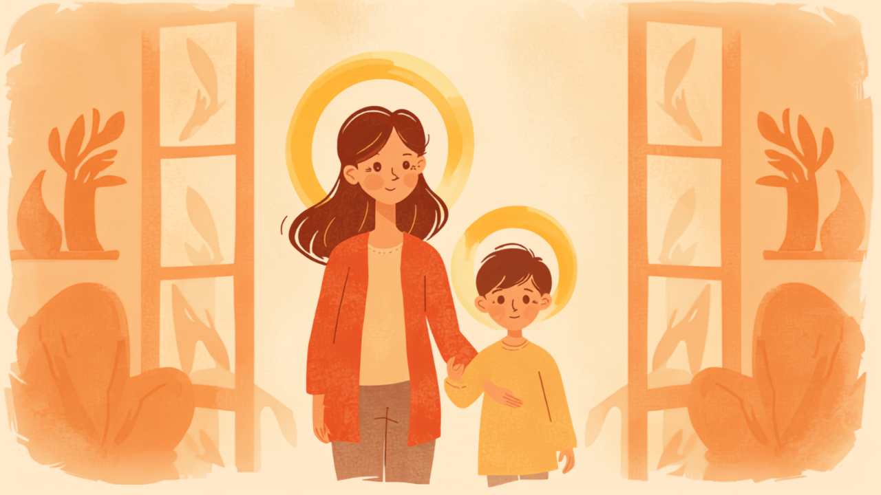 子どもをやさしく見守る母親のイラスト