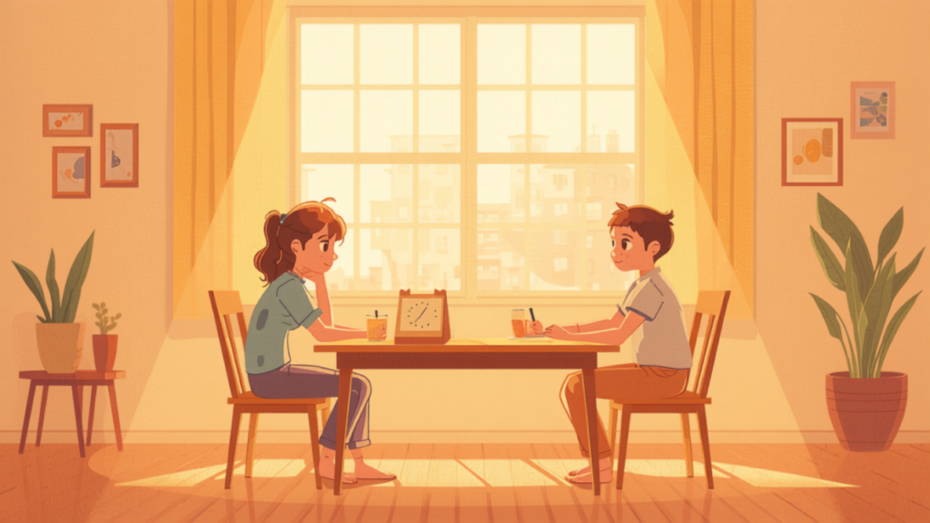 夕暮れのリビングで母親と思春期の子どもが門限やルールについて穏やかに話し合うイラスト