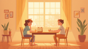 夕暮れのリビングで母親と思春期の子どもが門限やルールについて穏やかに話し合うイラスト