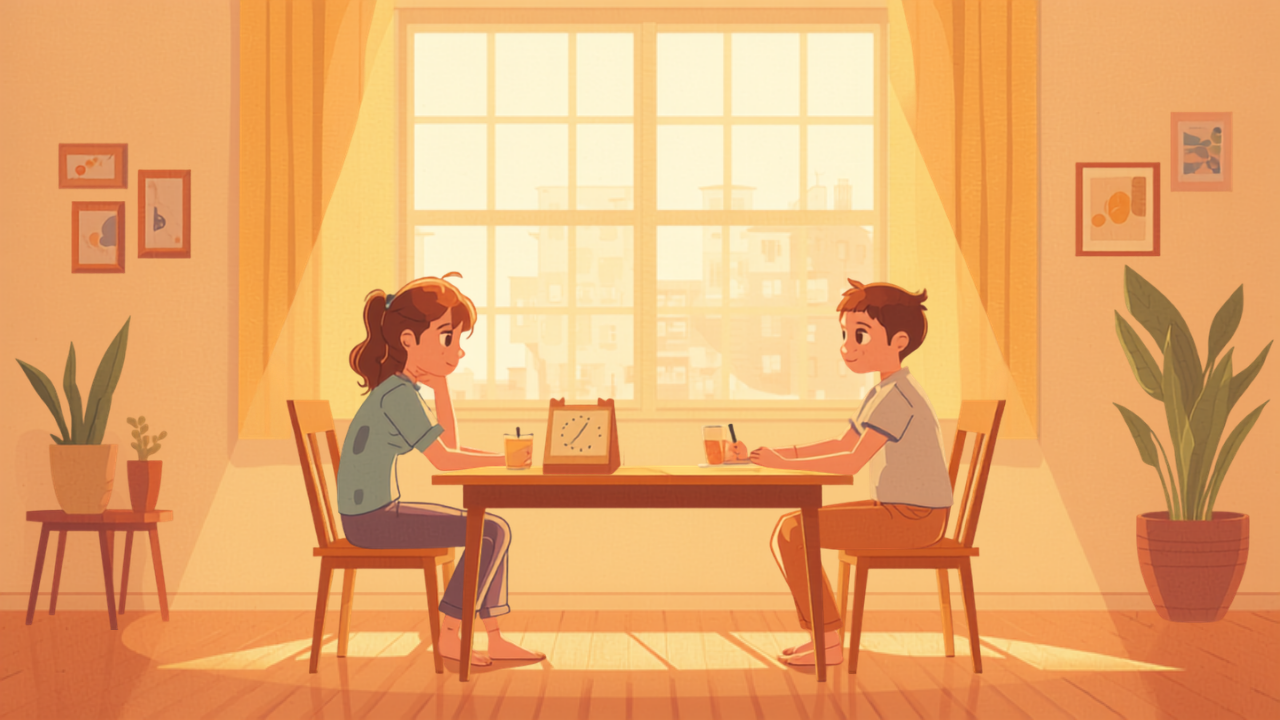 夕暮れのリビングで母親と思春期の子どもが門限やルールについて穏やかに話し合うイラスト