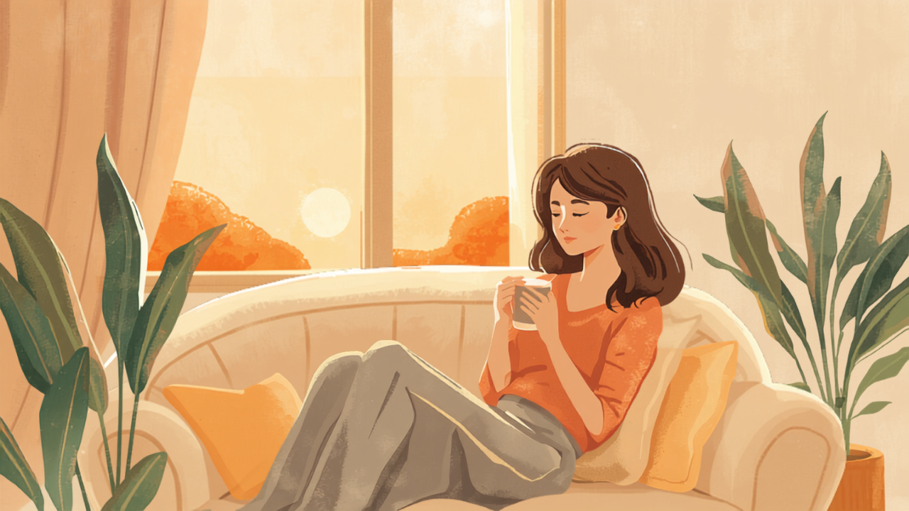 窓辺のソファで温かいお茶を持って一息つく母親のイラスト