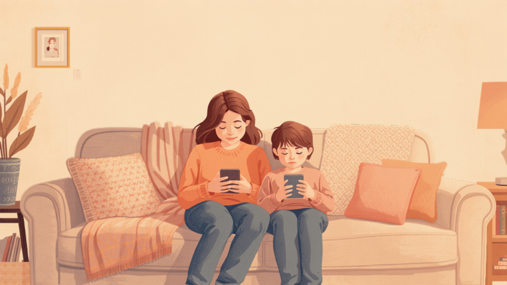 夕暮れのリビングで母親と思春期の子どもがそれぞれスマートフォンを見ている様子