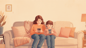 夕暮れのリビングで母親と思春期の子どもがそれぞれスマートフォンを見ている様子