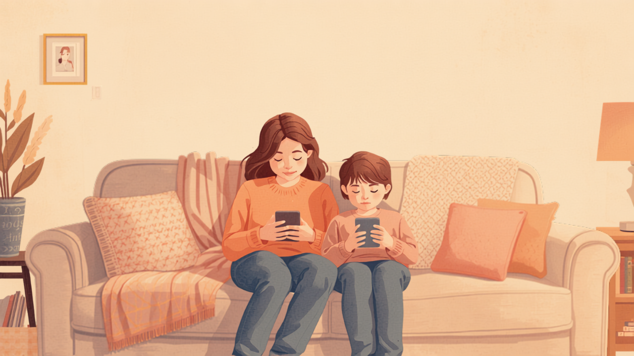 夕暮れのリビングで母親と思春期の子どもがそれぞれスマートフォンを見ている様子