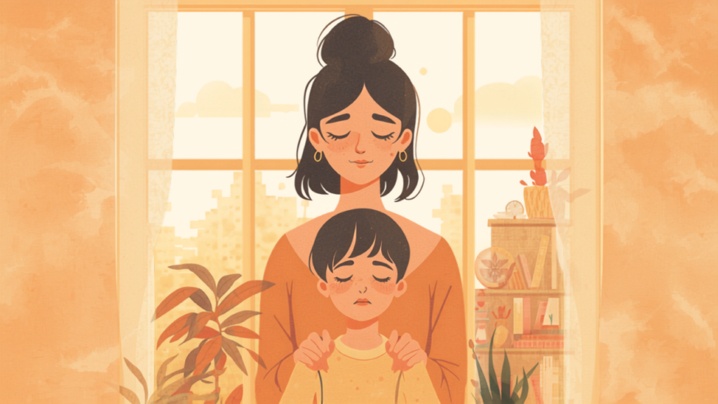夕暮れの窓辺で子どもをやさしく見守る母親のイラスト