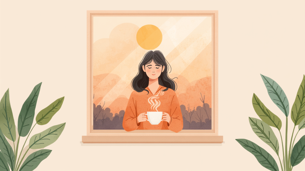 窓辺で温かいお茶を飲みながらほっと一息ついて自分をいたわる母親のイラスト