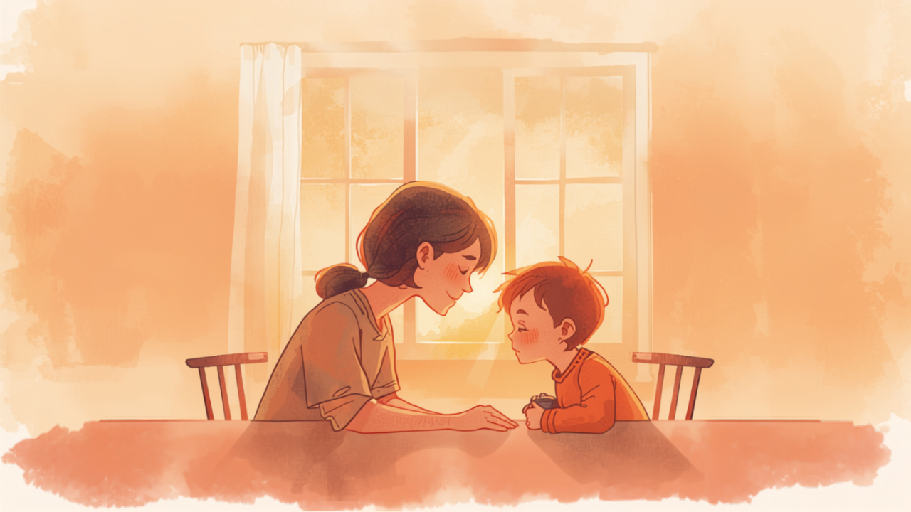 食卓で子どもと同じ目線で穏やかに向き合って話す母親のイラスト