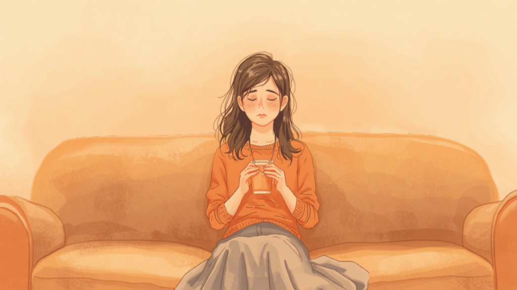 ソファで温かい飲み物を持ってひと息つく母親のイラスト