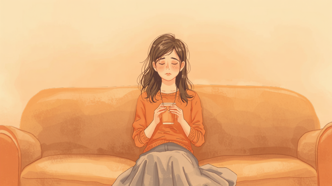 ソファで温かい飲み物を持ってひと息つく母親のイラスト