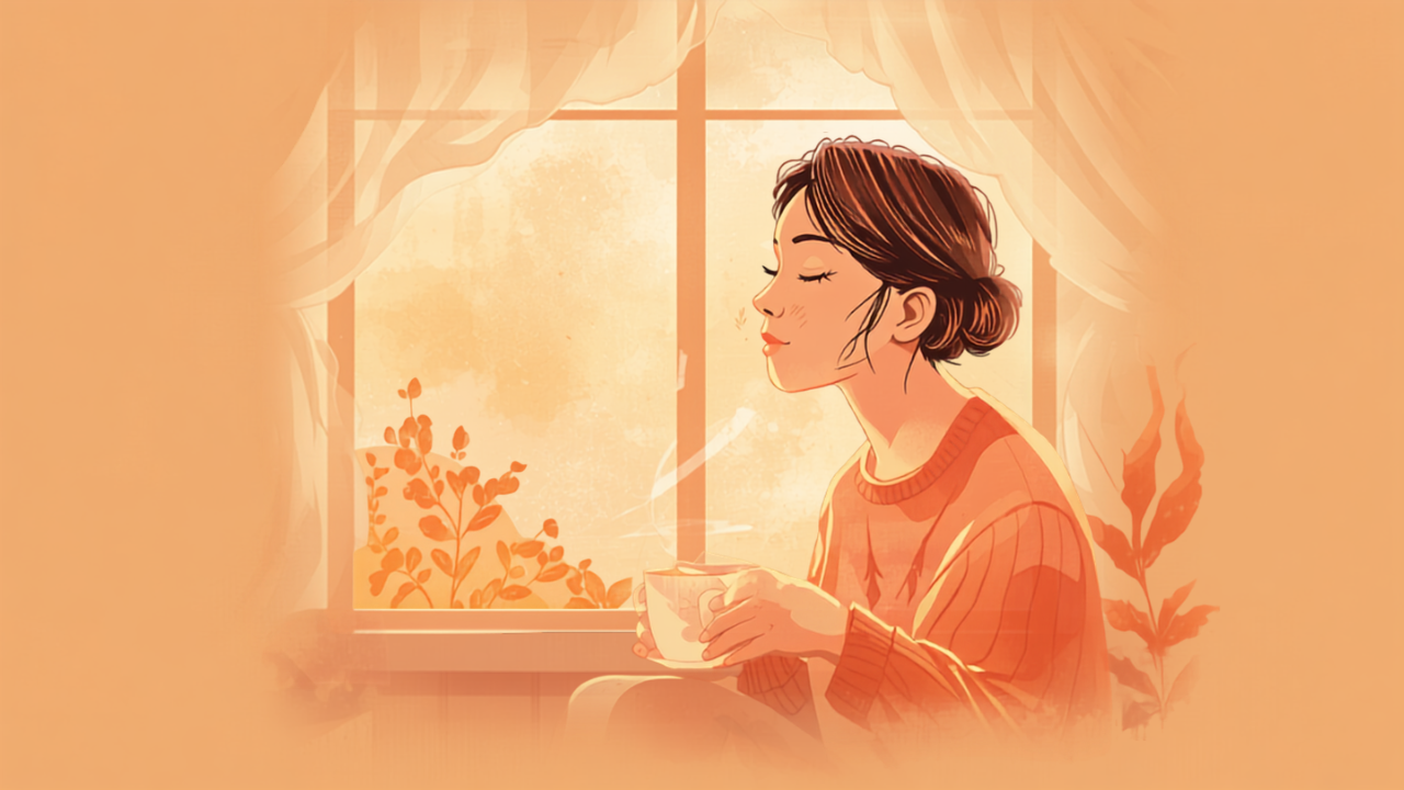 窓辺で温かいお茶を飲みながら静かに休息する母親のイラスト