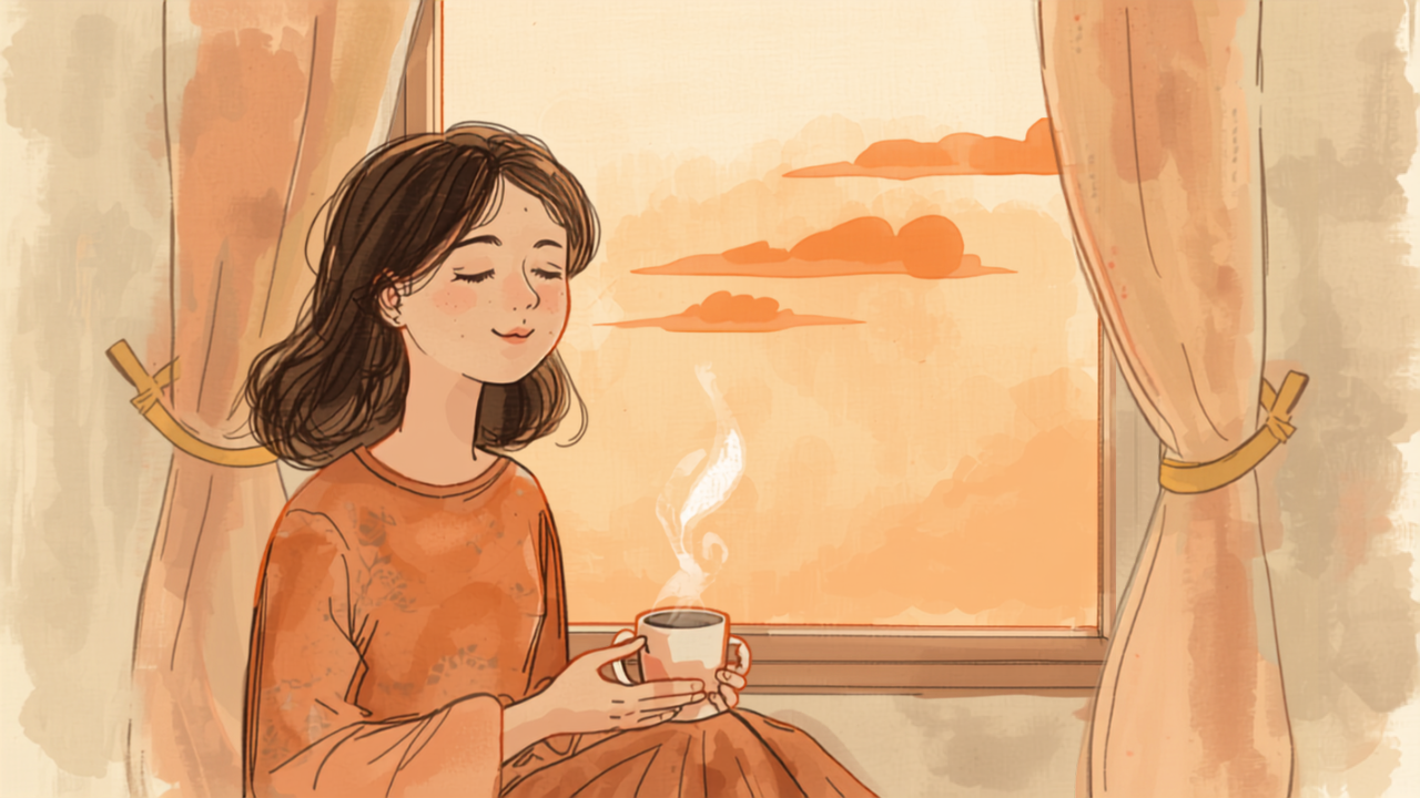 夕暮れの窓辺でお茶を飲み一息つく母親のイラスト