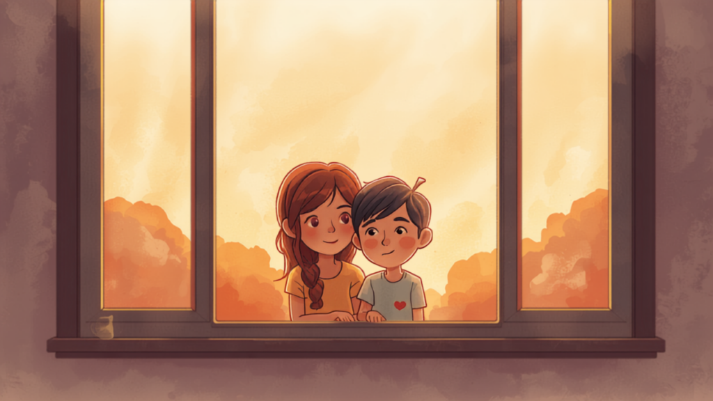 夕暮れの窓辺で穏やかに寄り添う母親と思春期の子どものやわらかいイラスト