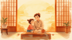 夕暮れの和室で母親と思春期の子どもが穏やかに寄り添い、関係を結び直す様子のイラスト