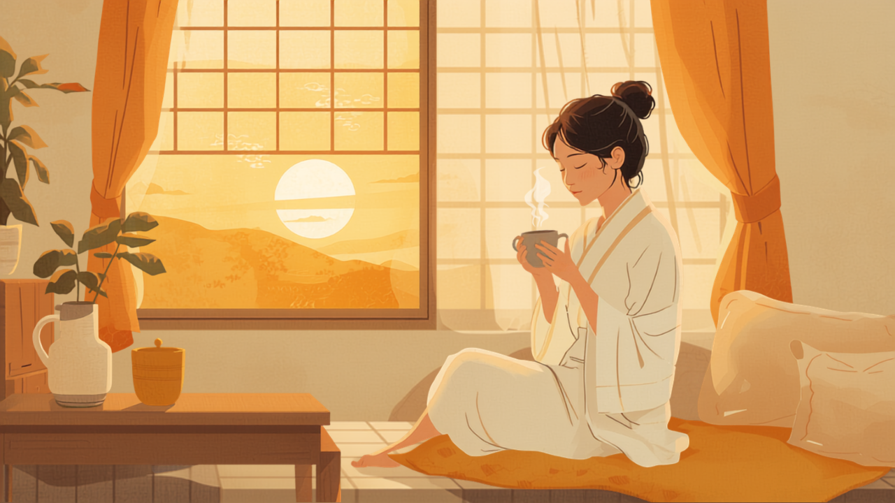窓辺でお茶を飲み一息つく母親