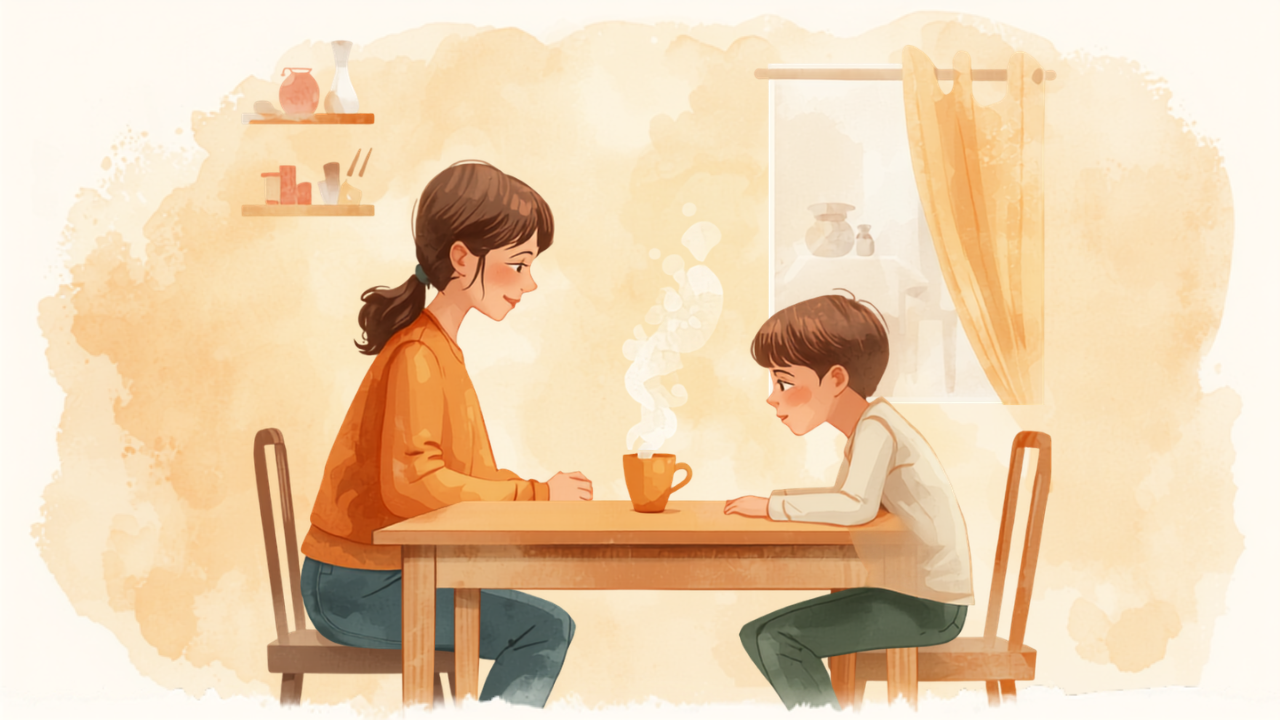 食卓で子どもとやさしく向き合って話す母親のイラスト