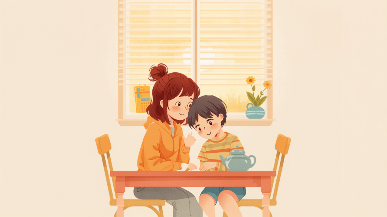 親と思春期の子どもがテーブルに並んで穏やかに会話するイラスト