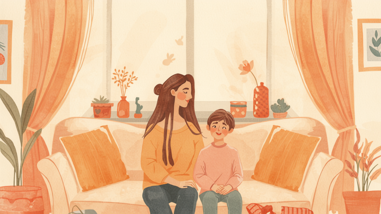 思春期の子どもと母親が並んで座るやわらかいイラスト