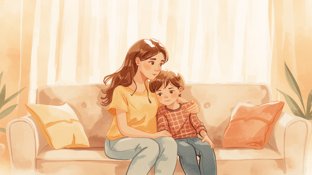 思春期の子どもをやさしく抱き寄せる母親のイラスト