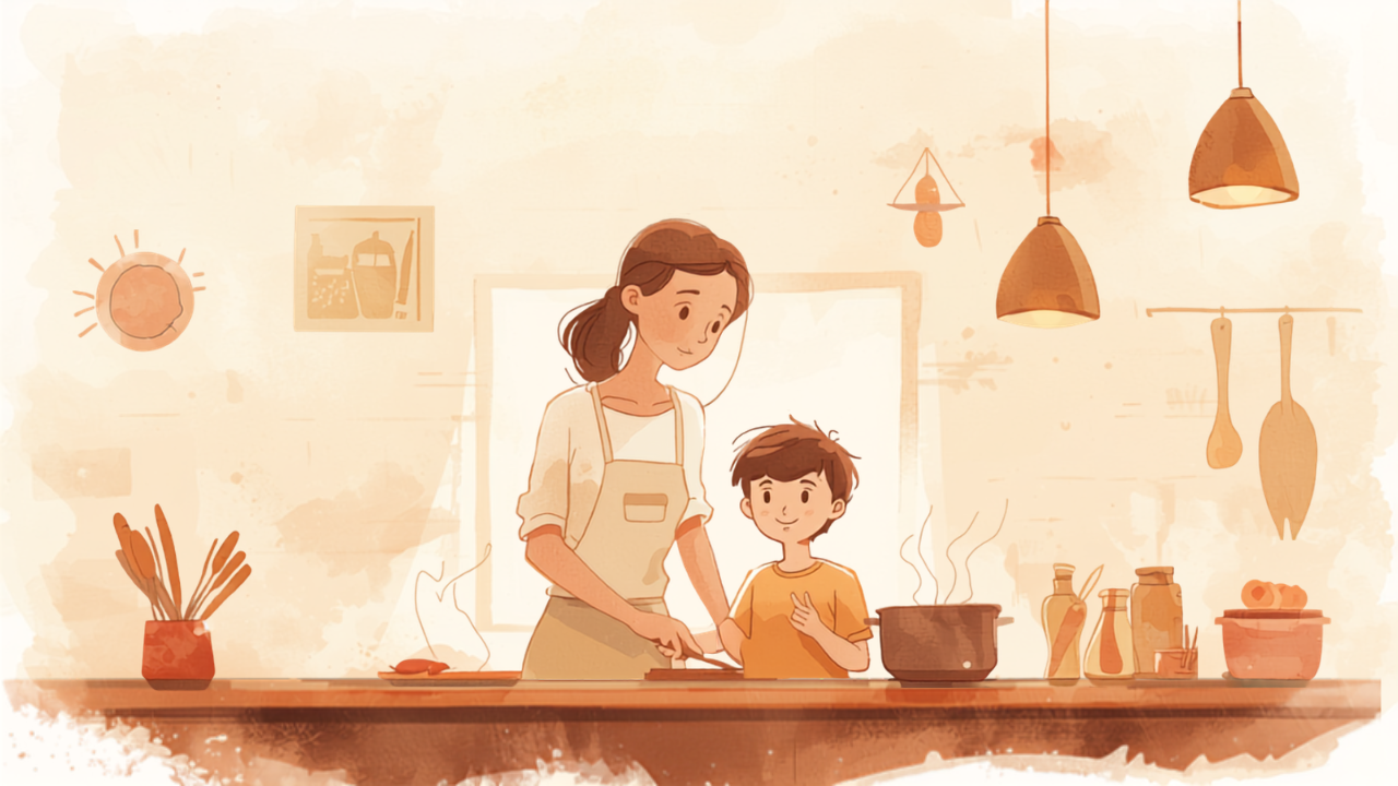 母親と子どもが一緒に台所で料理をする横並びのイラスト