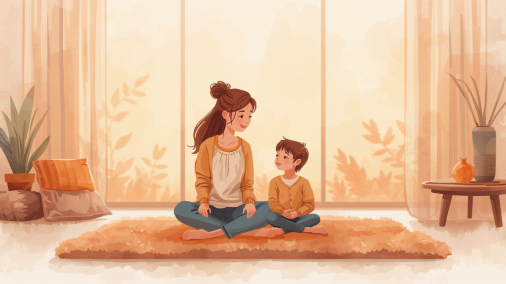 リビングで母親と思春期の子どもが穏やかに向き合う夕暮れのイラスト