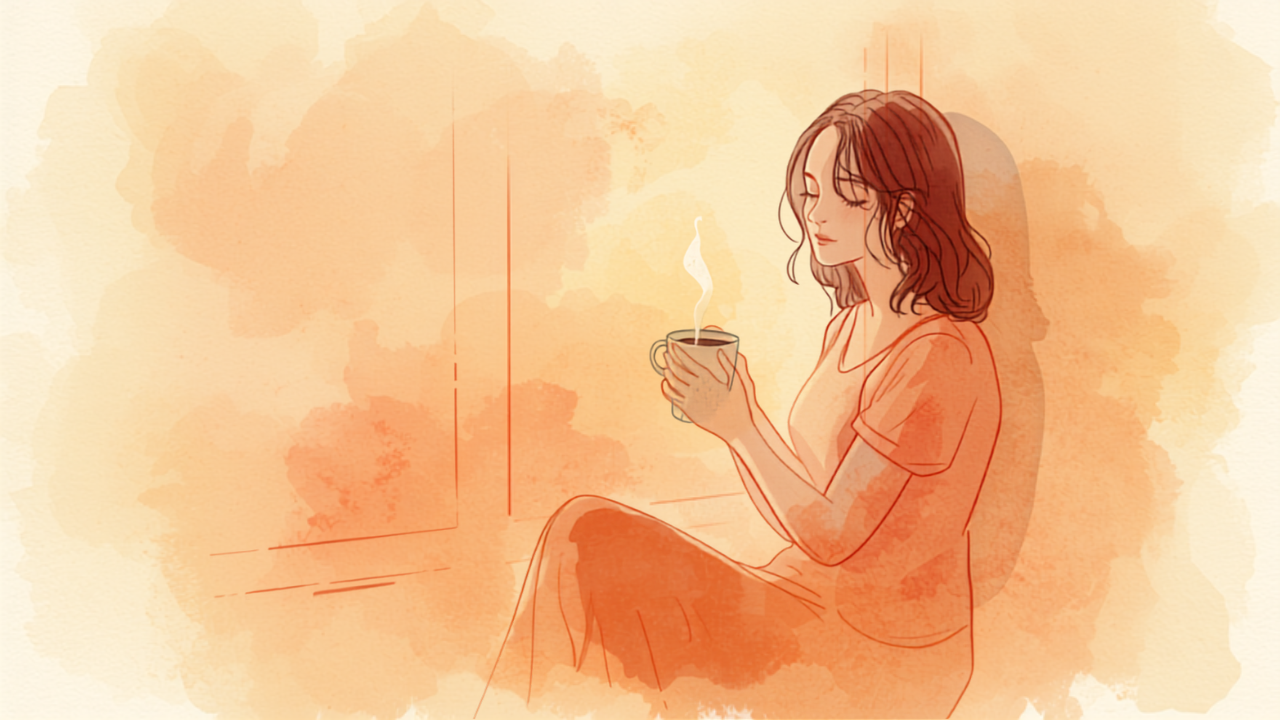 窓辺でお茶を飲みひと息つく母親のイラスト
