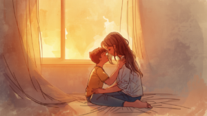 夕暮れの部屋で親子がやさしく寄り添うイラスト