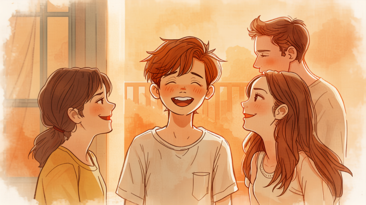 思春期の子どもが友達と笑い合い、親がやさしく見守るイラスト