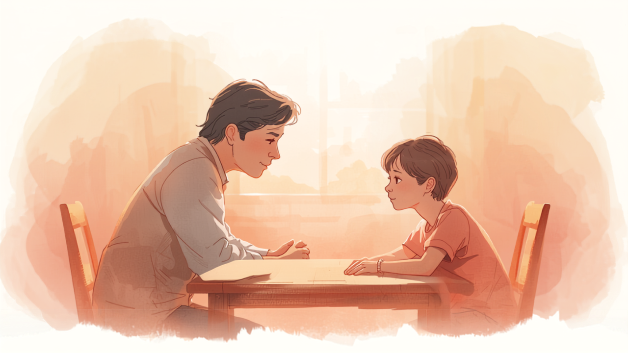 親が子どもの話をやさしく、さえぎらずに聞いているイラスト