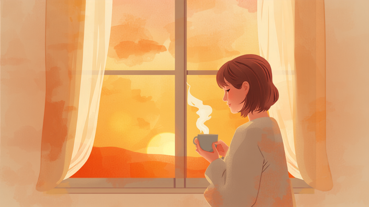 母親が窓辺で温かいお茶を飲み、ほっと一息ついているイラスト