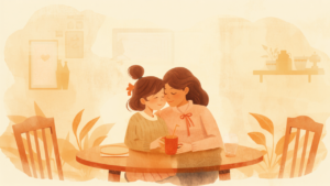 夕暮れの食卓で寄り添う母親と思春期の子どものやわらかいイラスト