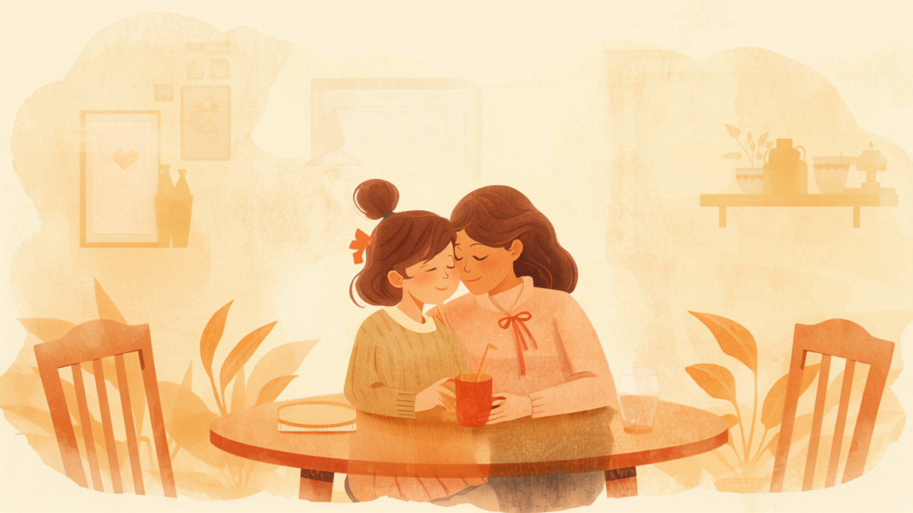 夕暮れの食卓で寄り添う母親と思春期の子どものやわらかいイラスト
