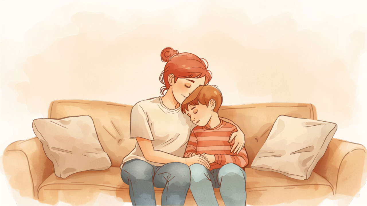 ソファで子どもの話にやさしく耳を傾ける親のイラスト
