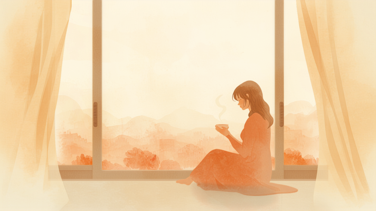 窓辺で温かい飲み物を手に一息つく母親のイラスト