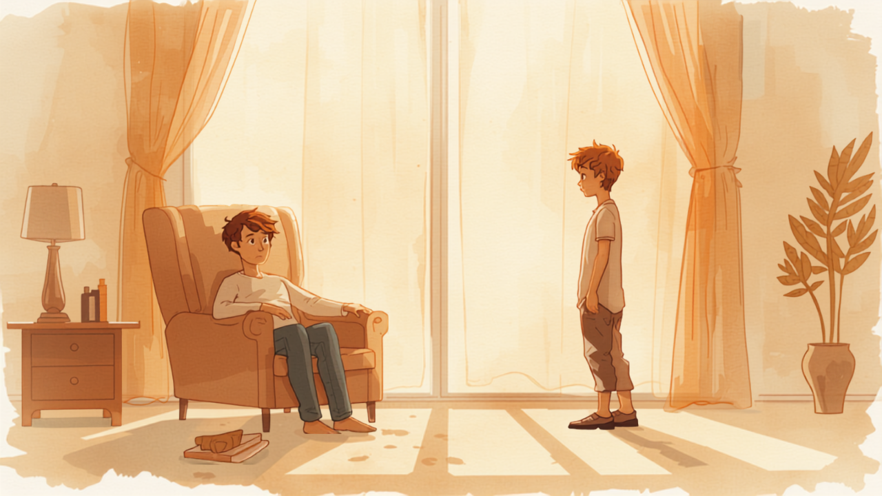 ひとり親が椅子に座り、少し離れて立つ思春期の子どもと向き合うイラスト