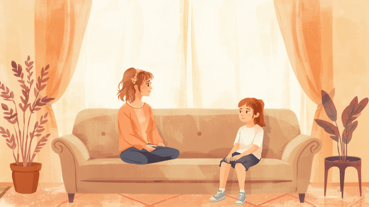 夕暮れのリビングで母親と思春期の子どもが向かい合って座っている水彩イラスト
