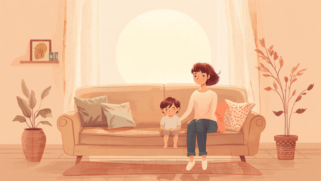 あたたかい部屋で母親がやさしい表情で過ごしている水彩イラスト