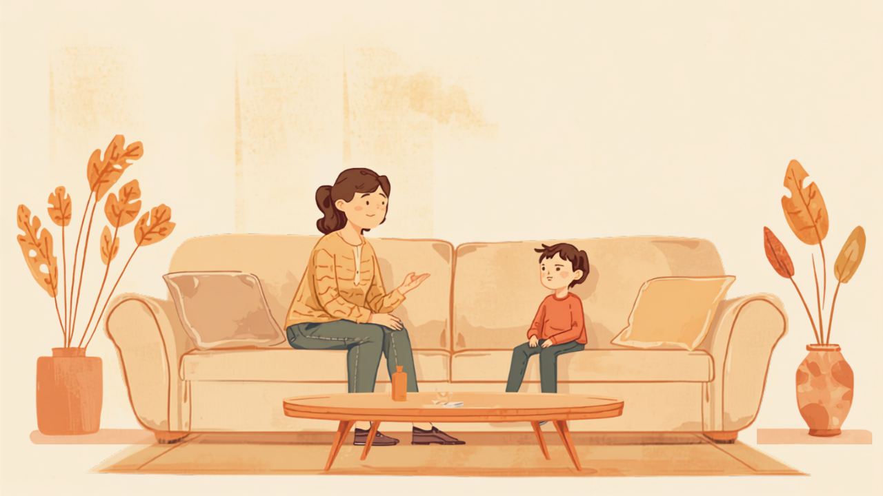 母親が思春期の子どもに穏やかに話しかけている水彩イラスト