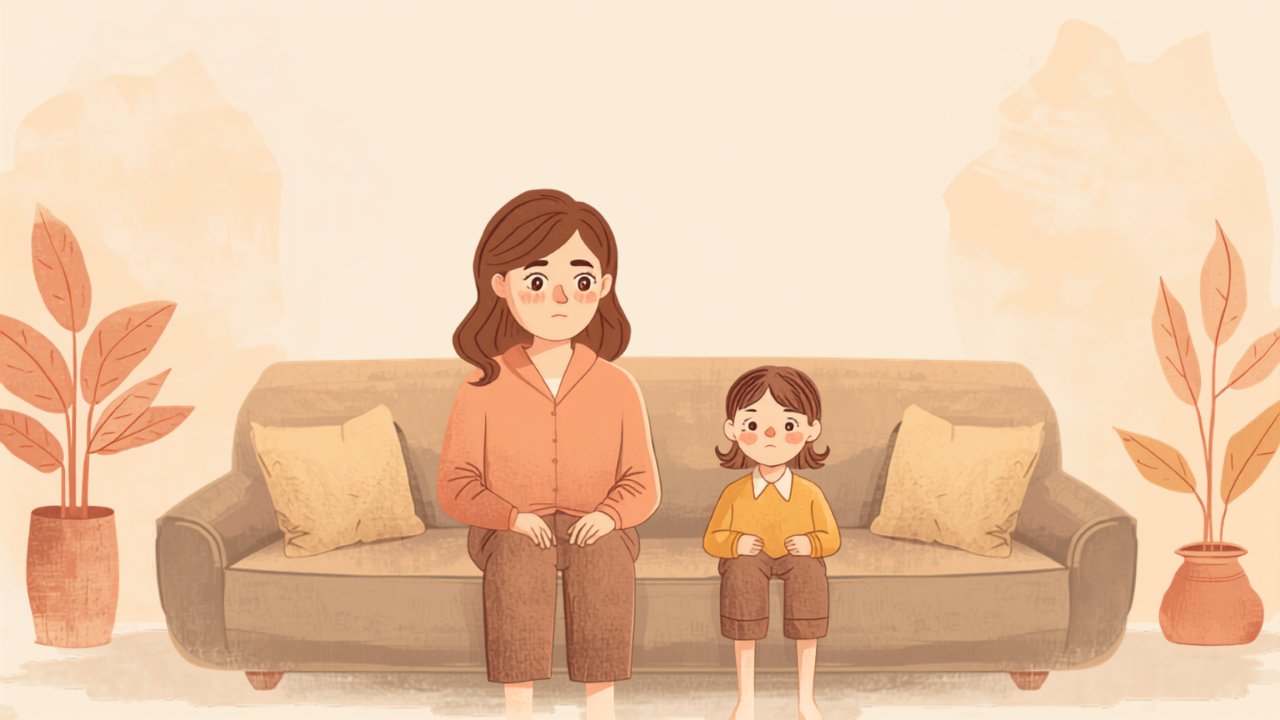 表情がこわばった母親と思春期の子どもがソファに座っている水彩イラスト