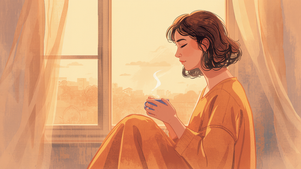 窓辺で温かいお茶を飲みながら一息つく母親のイラスト