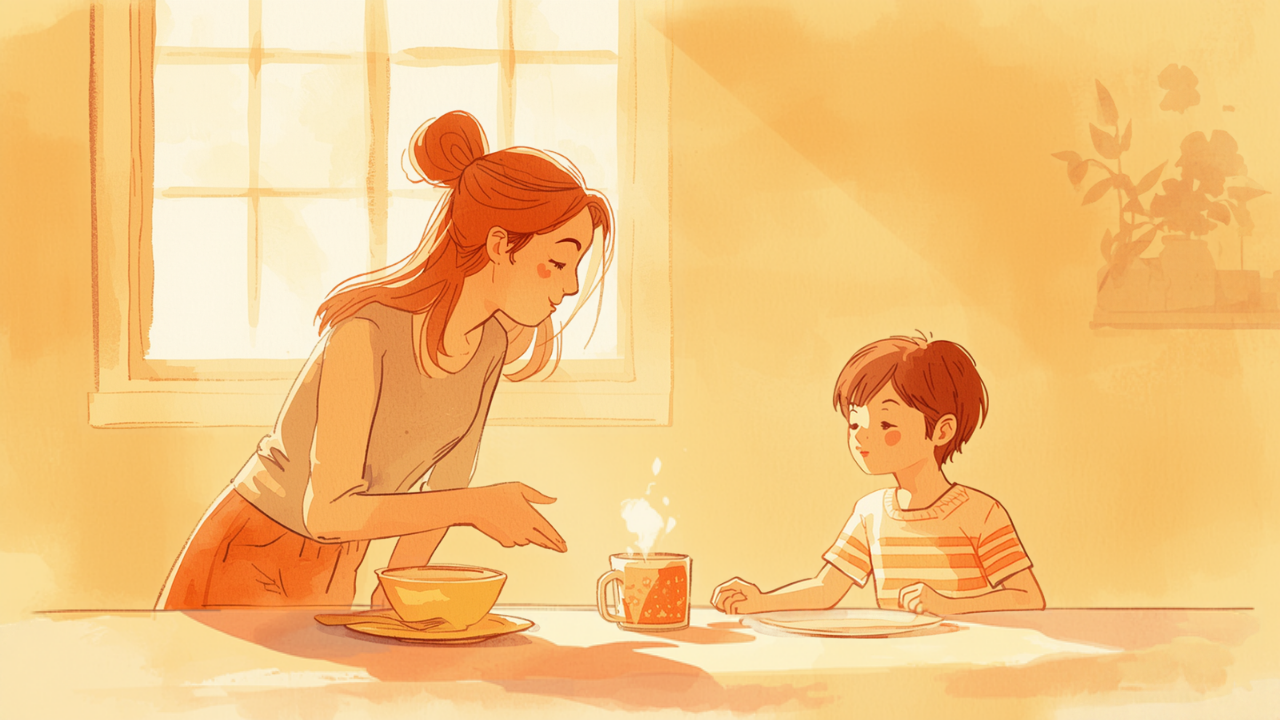 朝の食卓で子どもにやさしく朝ごはんを差し出す母親のイラスト