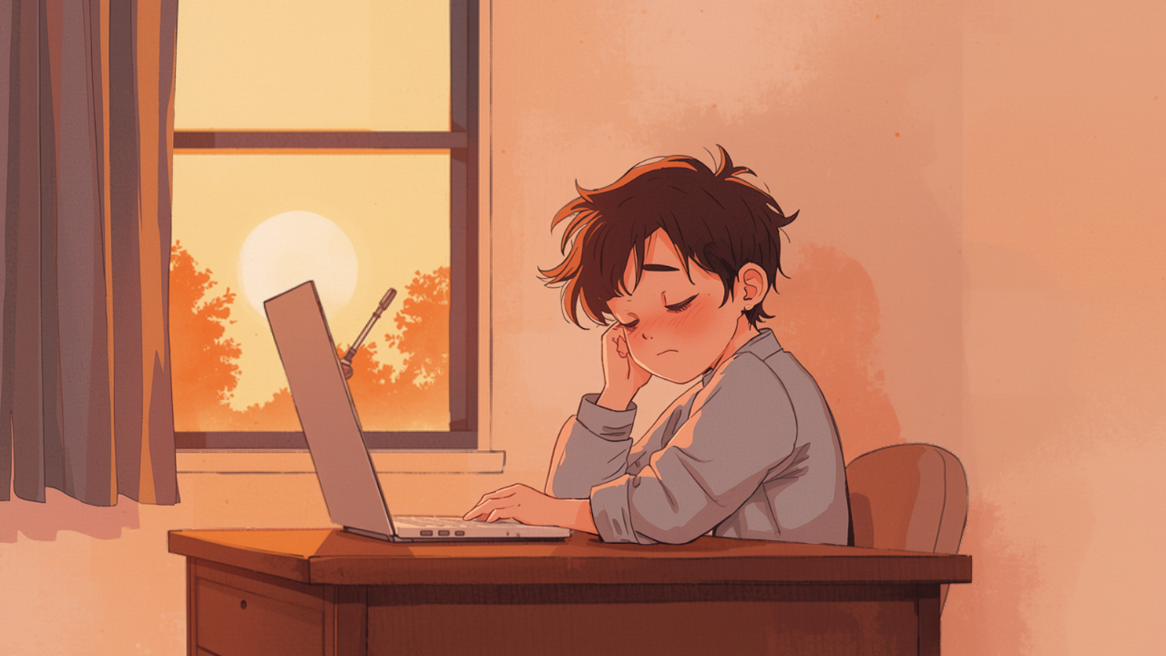 夕方に机で眠そうに目を閉じる思春期の子どものイラスト
