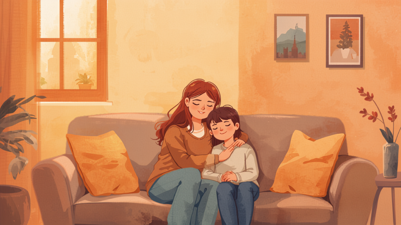 反抗期で昼夜逆転しがちな親子の穏やかな家庭の情景のイラスト